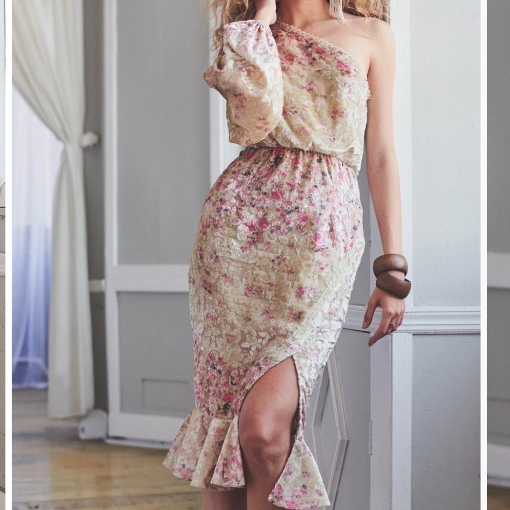 Hemant and Nandita Nina One Shoulder Floral Velvet Dress XS Cream Green Cocktail